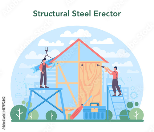 Installer concept. Worker in uniform installing constructions.