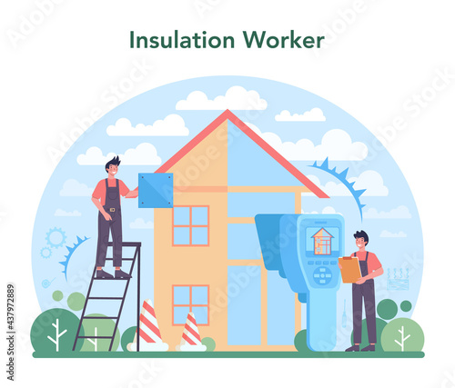 Insulation concept. Thermal or acoustic insulation. Worker putting