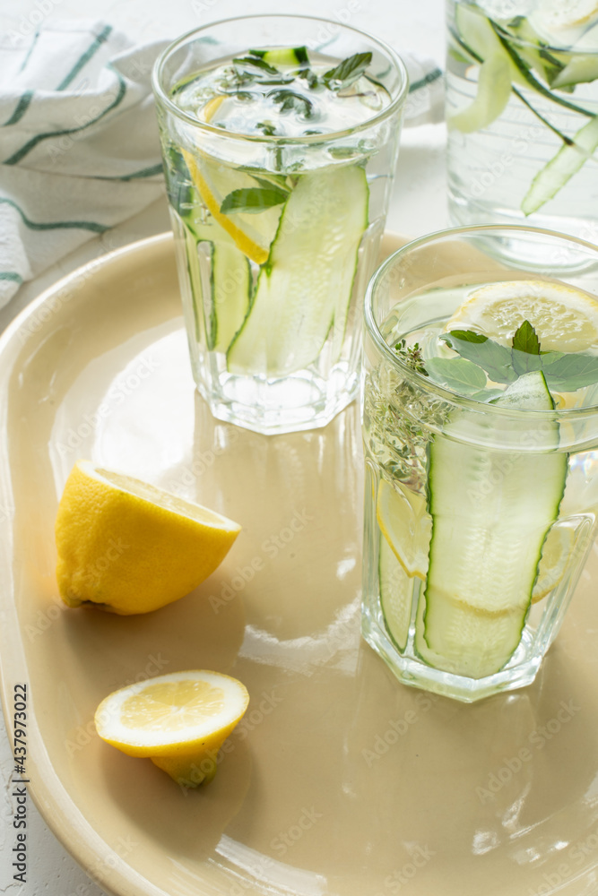 Summer fresh lemonades with cucumber, lemon and mint.