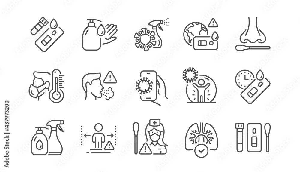 Covid Test line icons. Nasal swab, Blood testing, Waiting time. Social Distance, Hand Sanitizer, Rapid Antigen Test icons. Coronavirus protection, Pneumonia virus. Nose with cotton swab. Vector Covid Test line icons. Nasal swab, Blood testing, Waiting time. Social Distance, Hand Sanitizer, Rapid Antigen Test icons. Coronavirus protection, Pneumonia virus. Nose with cotton swab. Vector