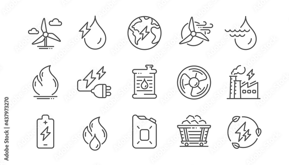 Energy types line icons. Coal Trolley and Hydroelectric Power icons. Sustainable Electricity, Battery Energy, Fuel canister. Windmill power, Coal mine and Hydroelectricity. Linear set. Vector