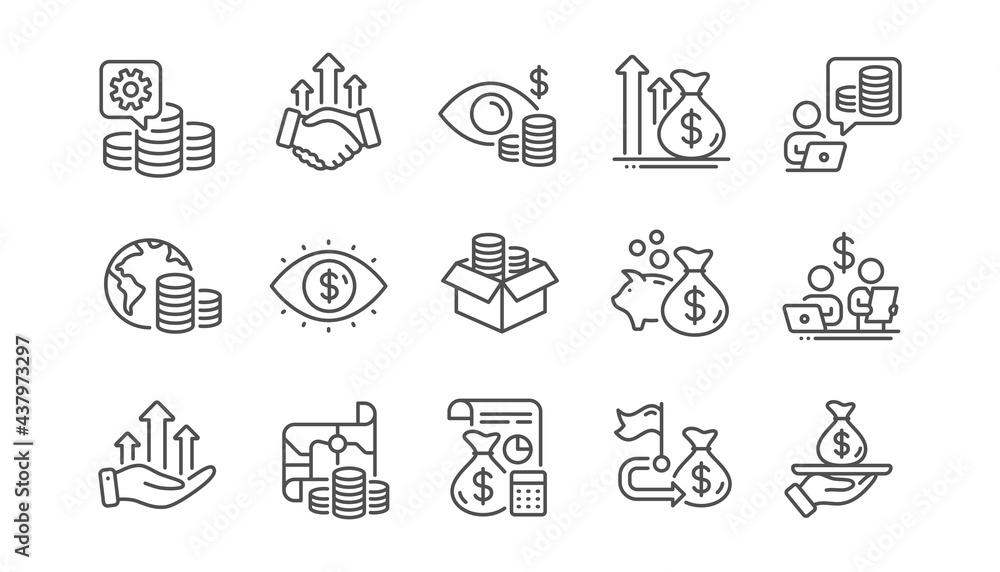 Finance line icons. Accounting coins, Budget Investment, Trade Strategy icons. Finance management, Budget gain and Business asset. Money economy, Loan in dollars and Treasure map. Linear set. Vector Finance line icons. Accounting coins, Budget Investment, Trade Strategy icons. Finance management, Budget gain and Business asset. Money economy, Loan in dollars and Treasure map. Linear set. Vector
