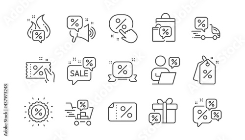 Discounts line icons. Sale Coupon  Promotion offer sign  Discount price tag. Wholesale store market and hot deal line icons. Coupon ticket  megaphone offer  delivery discount. Linear set. Vector