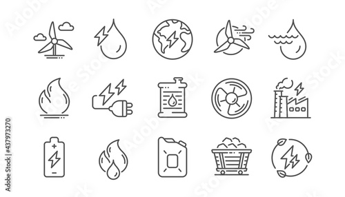 Energy types line icons. Coal Trolley and Hydroelectric Power icons. Sustainable Electricity, Battery Energy, Fuel canister. Windmill power, Coal mine and Hydroelectricity. Linear set. Vector