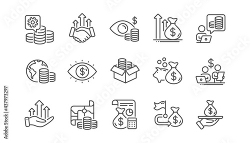 Finance line icons. Accounting coins, Budget Investment, Trade Strategy icons. Finance management, Budget gain and Business asset. Money economy, Loan in dollars and Treasure map. Linear set. Vector