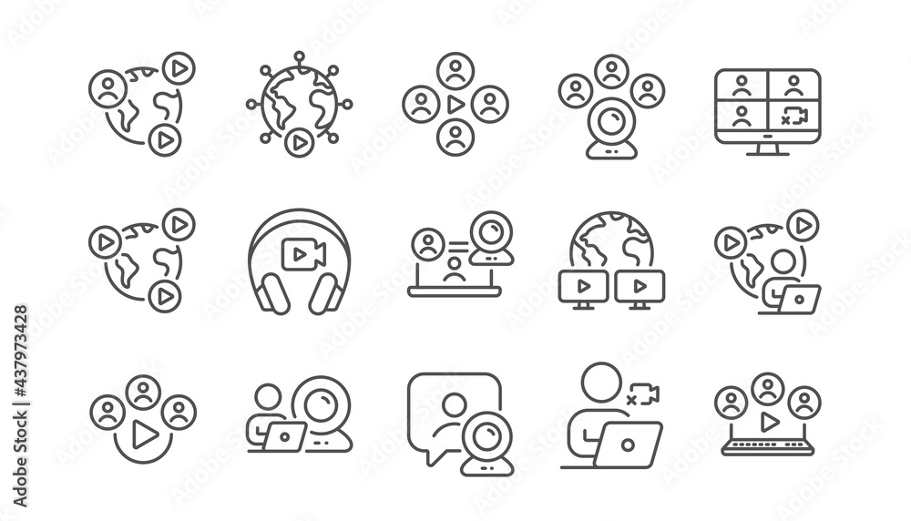Online meeting line icons. Video conference, Virtual presentation, Live chat icons. Team video, Digital training, Online presentation. Live webinar, Remote team conference, Virtual study. Vector