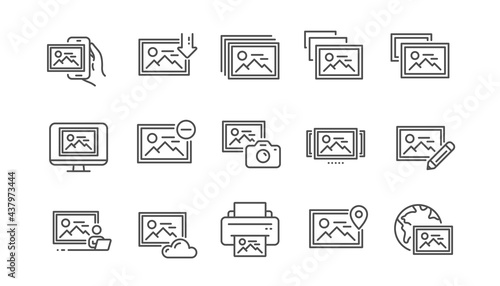 Photo line icons. Download picture, Print image, Photo camera icons. Edit image, Presentation and photo printer. Picture gallery carousel, placeholder pic. View portfolio. Linear set. Vector