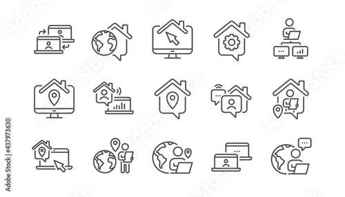 Work at home line icons. Office employee, Remote worker and Freelance job. Stay at home, internet work, remote teamwork line icons. Worker with computer, home workspace, shared network. Vector