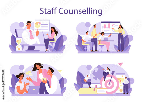 Staff counselling concept set. Personnel manager providing employee