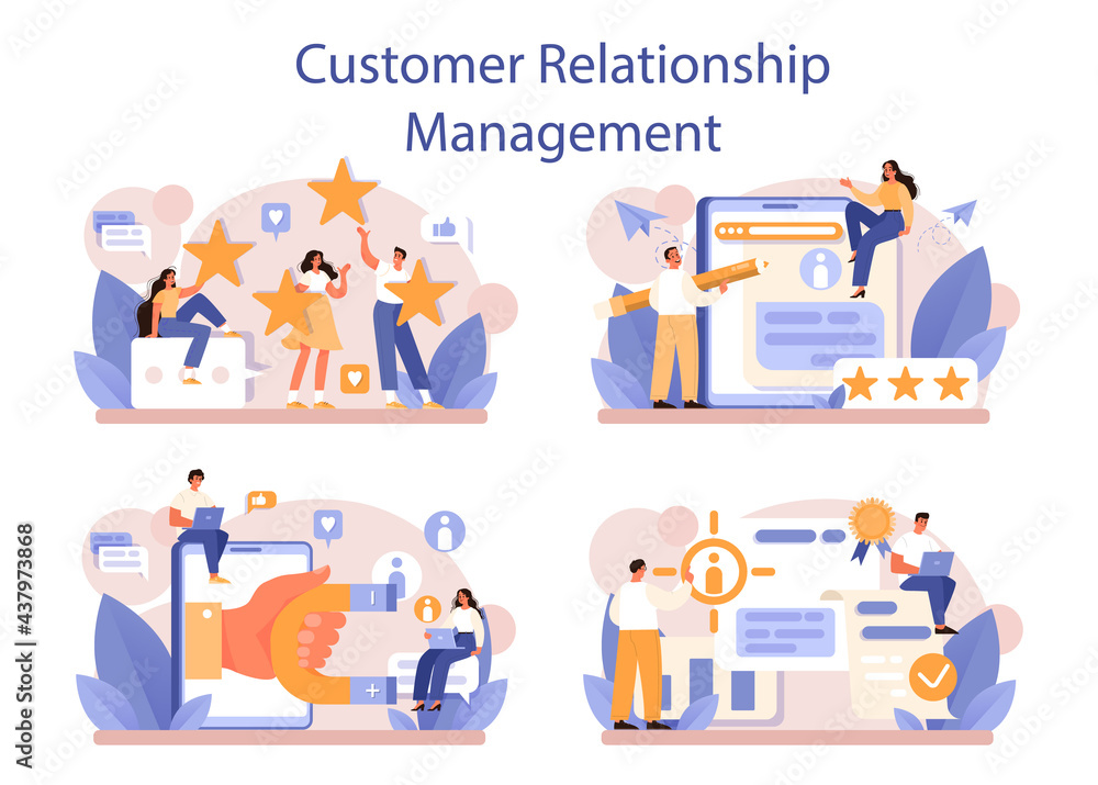 CRM or customer relationship management concept set. Client attracting