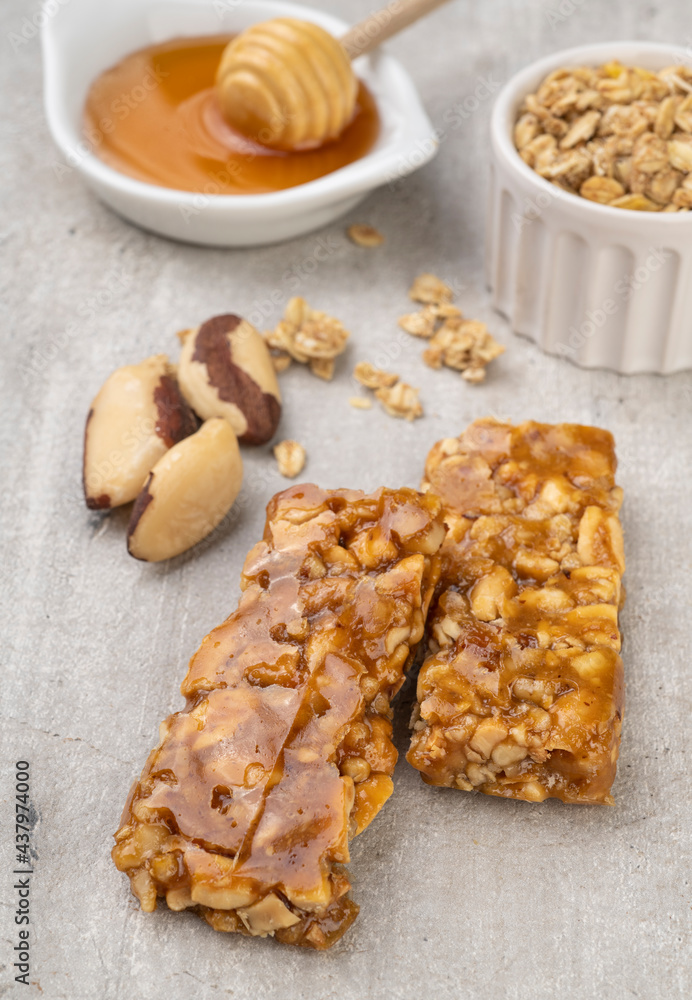 Homemade cereal bars with nuts, muesli, honey and copy space Homemade cereal bars with nuts, muesli, honey and copy space