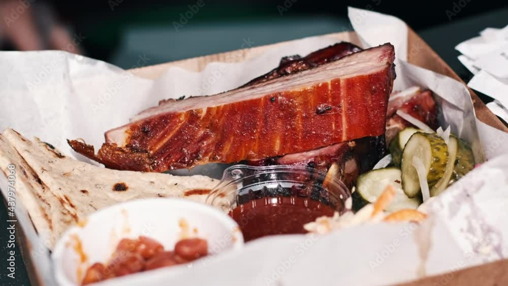 Dish with meal. Meat and toppings. BBQ Dish with meal. Meat and toppings. BBQ