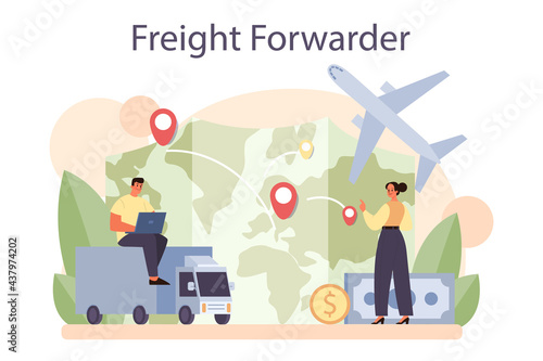 Freight forwarder concept. Loader in uniform delivering a cargo.