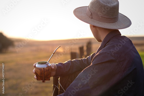 Cuadro en lienzo Gaúcho segurando chimarrão pôr do sol no pampa