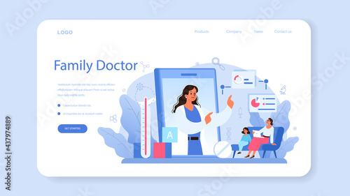 Pediatrician web banner or landing page. Doctor examining a child