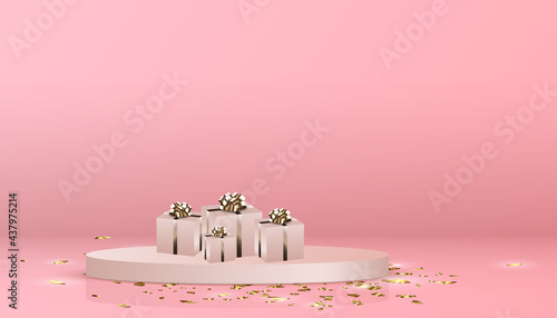 Representación 3d, con regalos de Navidad colores morados , fondo Rosado.