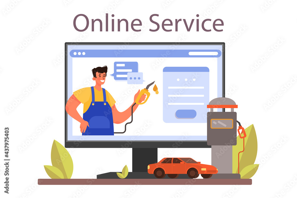 Refueler online service or platform. Gas station worker in uniform working