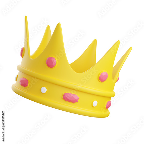 Yellow crown decorated with pink and white diamonds 3d render illustration.