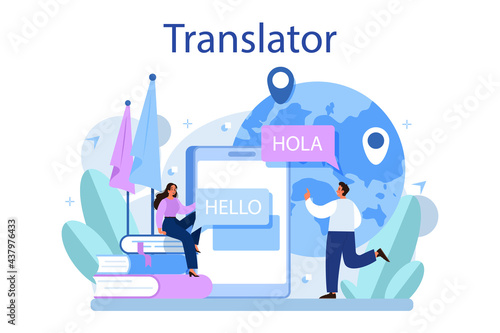 Translator concept. Linguist translating document, books and speach.