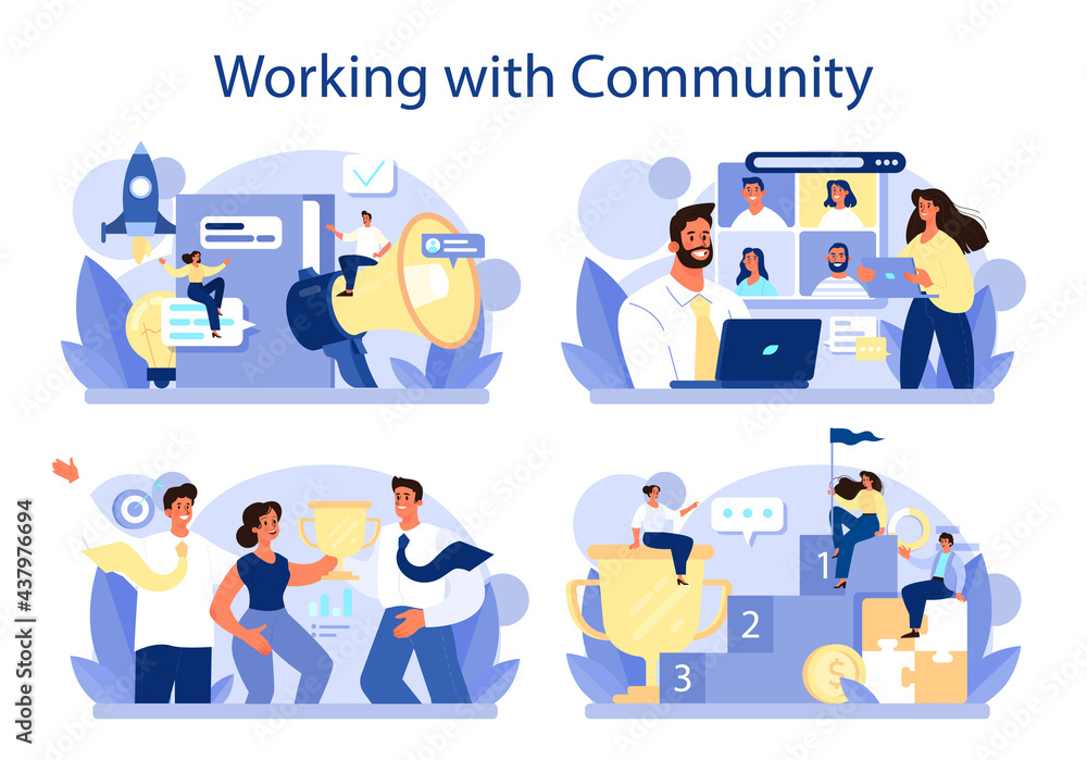 Community working concept set. Team building, group of people work Community working concept set. Team building, group of people work