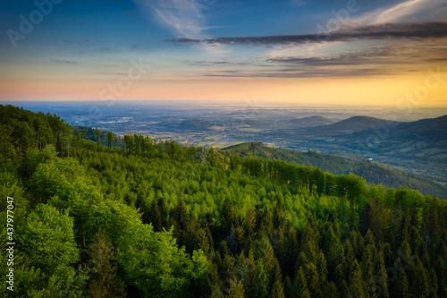 Fototapeta Naklejka Na Ścianę i Meble -  Panorama of the Silesian Beskids from Rownica peak at sunrise. Poland