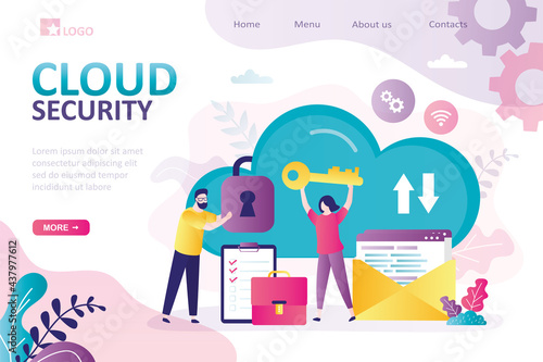 Cloud security, landing page template. Security service protects cloud data storage. Female character holds big key. Data protection.
