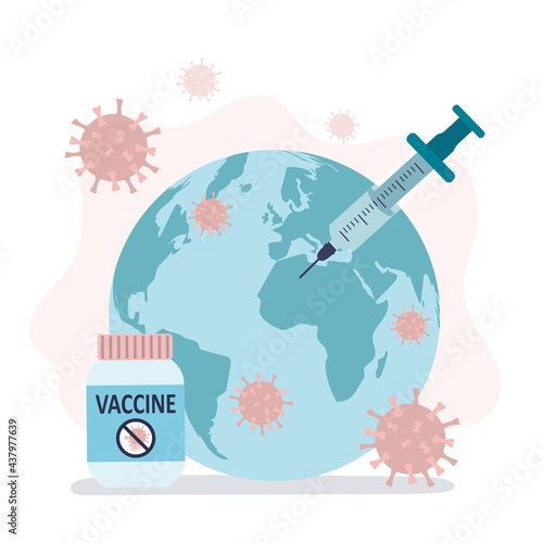 Bottle of medicine against coronavirus. Syringe with covid-19 vaccine. Concept of vaccination and immunization