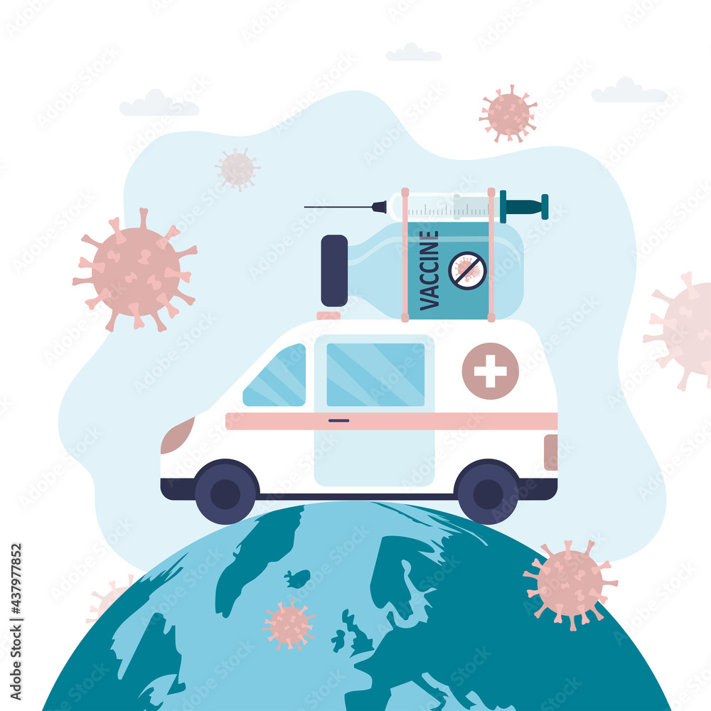 Fototapeta premium Worldwide delivery of coronavirus vaccine. Ambulance with syringe and anti-virus medicine. Protection and prevention of disease