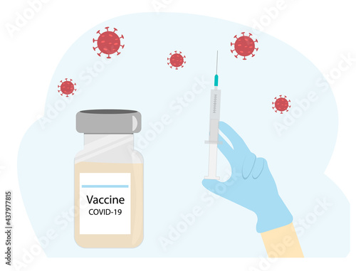 Banner with a bottle of vaccine and a hand with syringe, vector flat illustration	