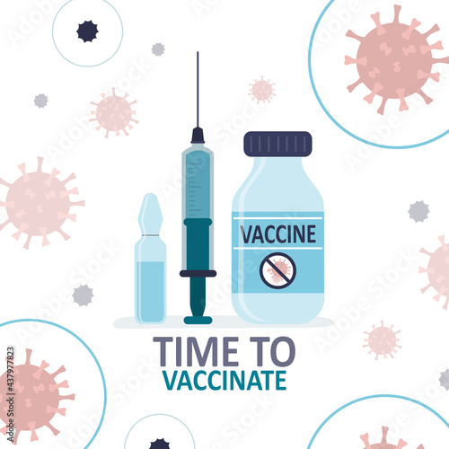Big bottle with antiviral medicine. Syringe with dose of coronavirus drug. Idea of vaccination and immunization