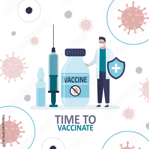 Doctor in protective mask stands with shield. Ampoule with antiviral medication. Large syringe with dose of coronavirus vaccine.