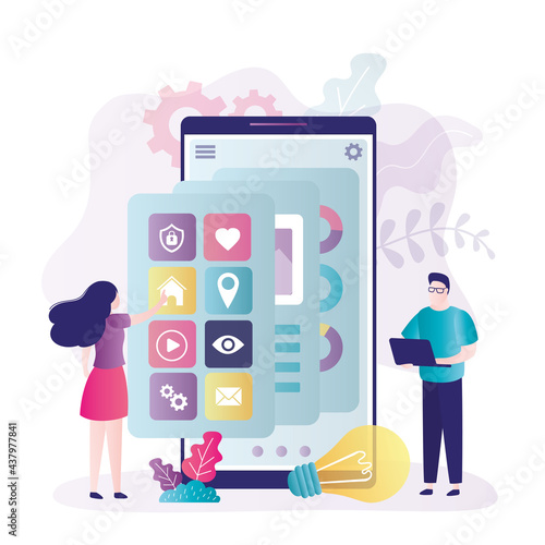 Developers creates custom designs for mobile app. People customize menu or system interface. Process of creating application design