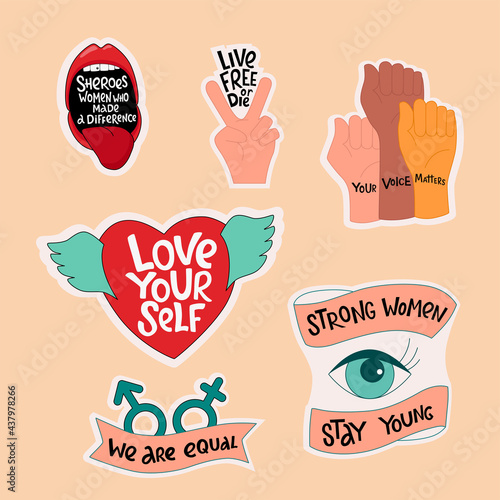 Feminist and women empowerment,diversity stickers set. Handwritten phrase slogan. Lettering quotes, type, font isolated on white background for gender equality female activist poster, banner. EPS10 photo