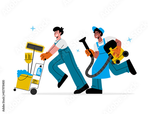 Caucasian,african-american male janitors in uniform with vacuum cleaner,trolley cart run to cleanup.Vector illustration.