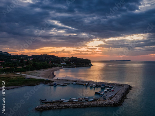 Astrakeri beach sunset in corfu aerial view