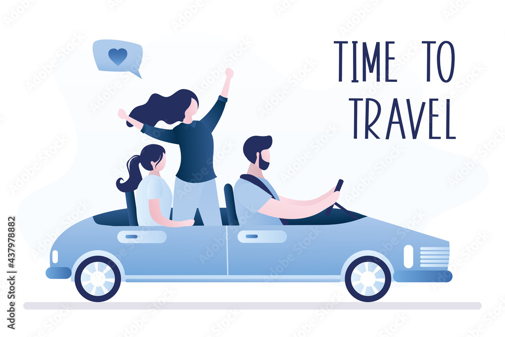 Funny characters in cabriolet auto. Time to travel, horizontal banner.  Male driver driving convertible car, side view. Women on back seats. Summer vacation,