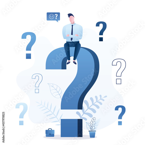 Unhappy businessman sitting on big question mark. Solving business problems, brainstorming. Employee thinking.