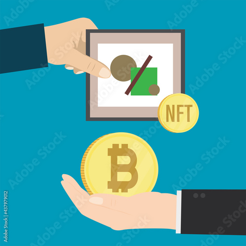 Artist sells artwork online. Hand holds canvas with Non-Fungible Token. Buyer hand gives bitcoin. Technology of selling NFT tokens for cryptocurrency.