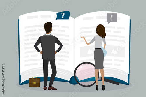 Two business people or employees reads open guide book or user manual. Finding answers, solving problems, FAQ concept. Teamwork, brainstorming.