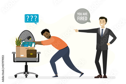 Jobless manager push business chair, box with office supplies. Boss fired african employee from job. Dismissal, staff reduction. Optimization, economic crisis.