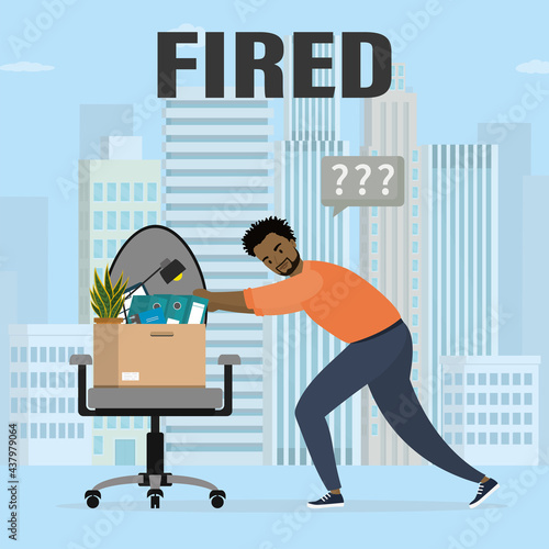 Dismissed african american man push business chair, box with office things. Fired from job. Dismissal, staff reduction. City view on background.