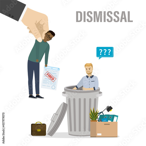 Staff reduction. Crisis in company, dismissal of employees. Fired managers, big hand puts dismissed male workers in metal trash can. Unemployment problem.