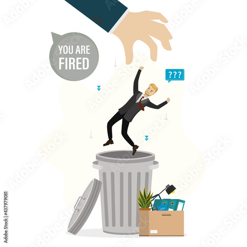 Big hand throws dismissed male worker in metal trash can. Reduction of unnecessary staff. Crisis in company, dismissal of employees.