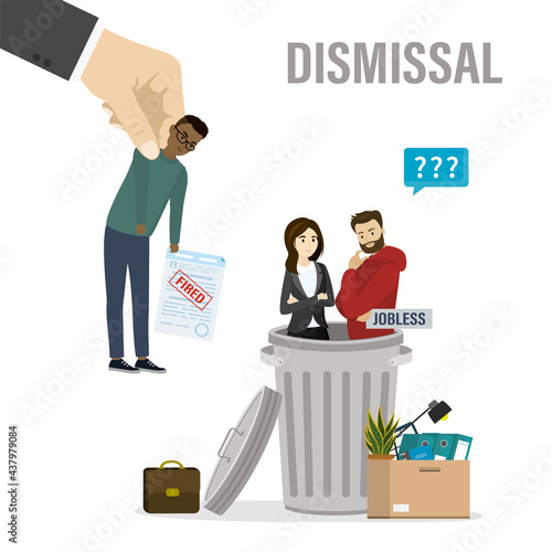 Reduction of unnecessary staff. Crisis in company, dismissal of employees. Fired multiethnic managers, hand puts various dismissed workers in metal trash can.