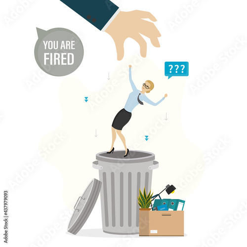 Big hand throws dismissed female worker in metal trash can. Reduction of unnecessary staff. Crisis in company, dismissal of employees. You are fired