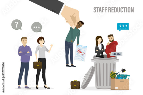 Reduction of unnecessary staff. Crisis in company, dismissal of employees. Fired multiethnic managers, hand puts dismissed workers in metal trash can.