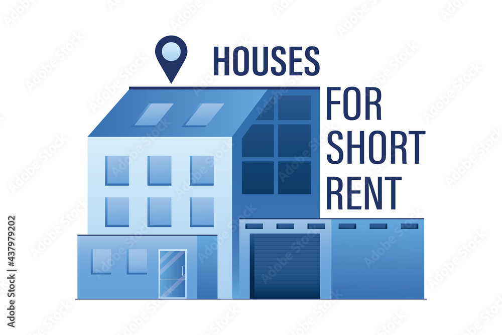 Houses for short rent. Logo or icon, for real estate promotion. Horizontal banner template. Modern house building with garage. Marketing campaign.