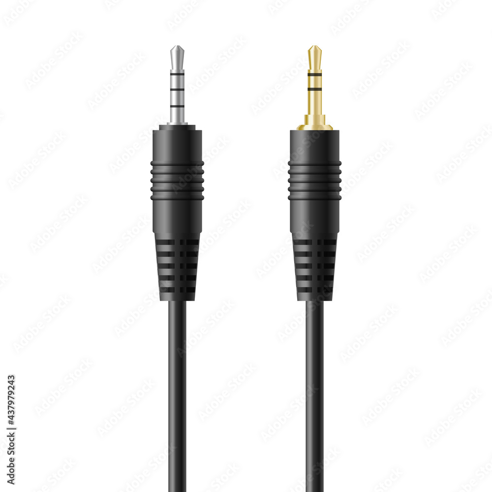 Realistic cable for earphones, headphones, microphone or audio speaker connection - obrazy, fototapety, plakaty 