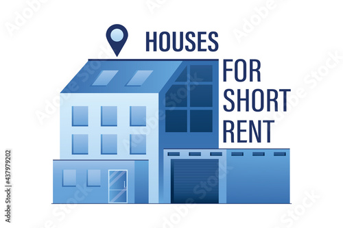 Houses for short rent. Logo or icon, for real estate promotion. Horizontal banner template. Modern house building with garage. Marketing campaign.