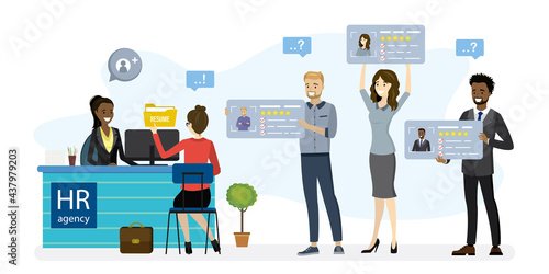 Female HR specialist on workplace, queue job applicants with cv resume in hands. Cartoon multi ethnic business people talking, interview.